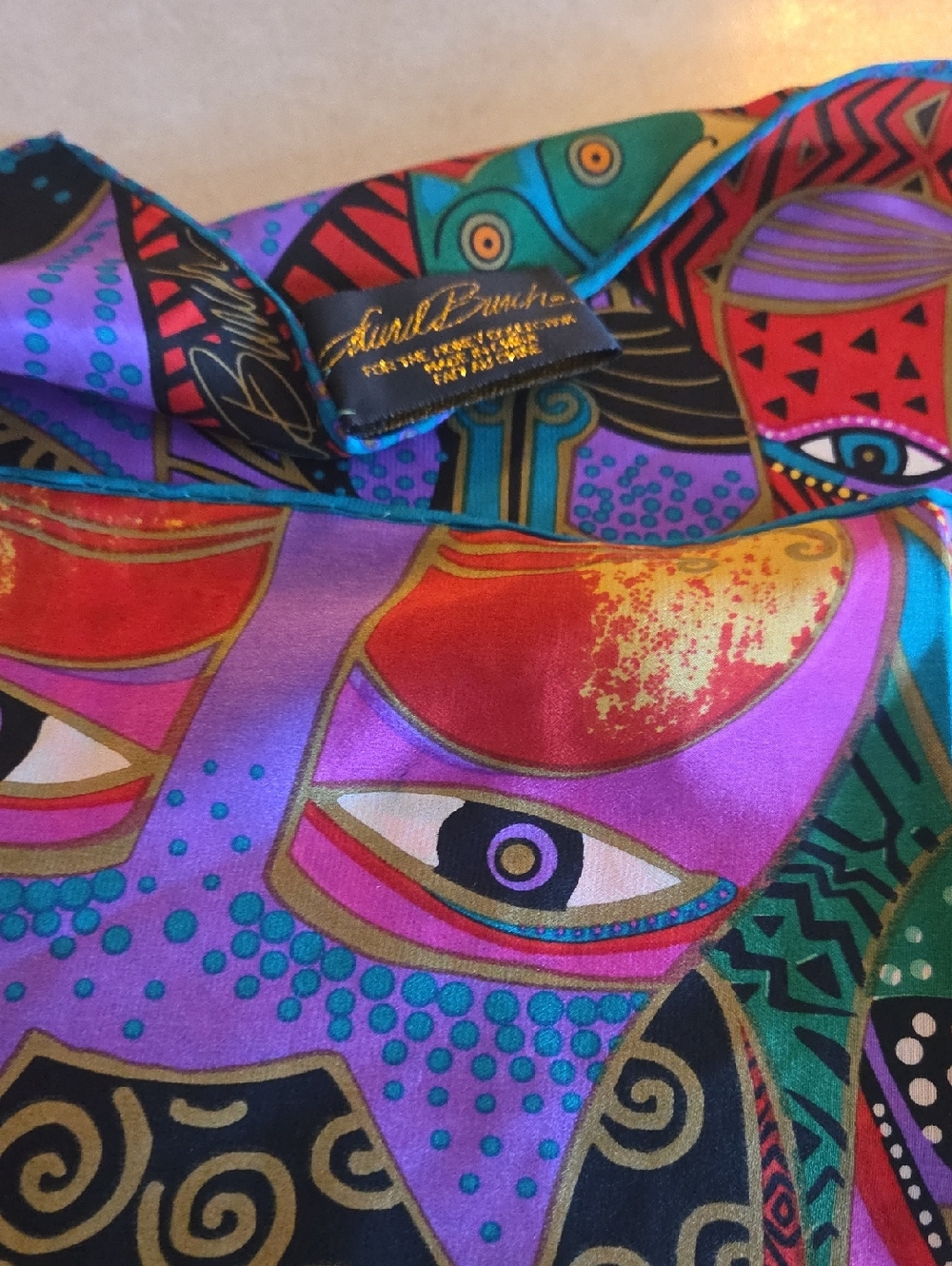 Laurel Burch Multicolor Abstract Cat Silk Scarf - Purple, Teal, Red, Gold 50 "
